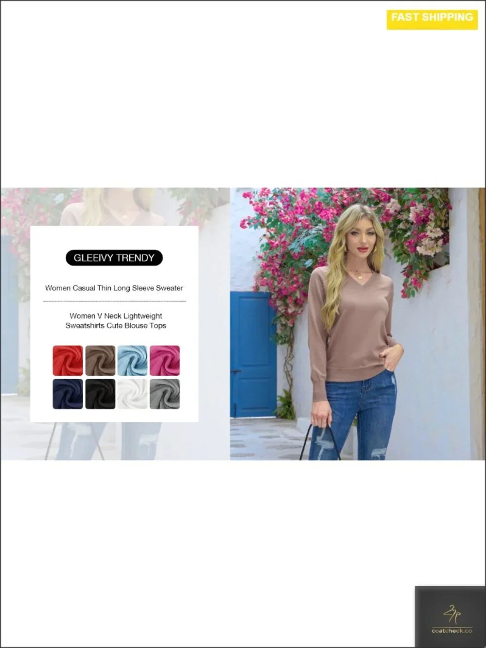 Casual Long Sleeve V Neck Lightweight Pullover Sweater Ribbed Knit